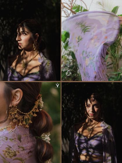 A collage showcasing the bride in a beautiful lavender outfit, playing with light and shadow. It highlights her profile, the intricate details of her hair accessory, and the flow of her dupatta.