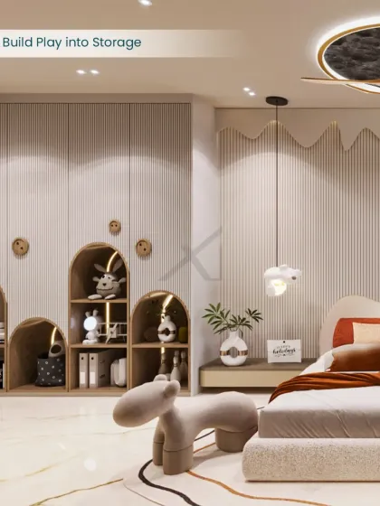 For this kids' room, we built play into storage. The wardrobe features playful arched niches for displaying toys and books, blending function with imagination.