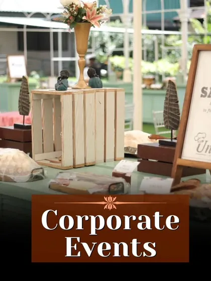 This graphic identifies corporate events as one of our key service areas. We specialize in creating beautiful presentations and offering diverse cuisines to make your business gatherings stand out.