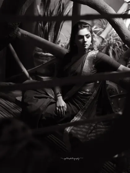 A series of portraits in a rustic, village-like setting. The model's simple green saree and relaxed poses create a feeling of serene, timeless emotion.