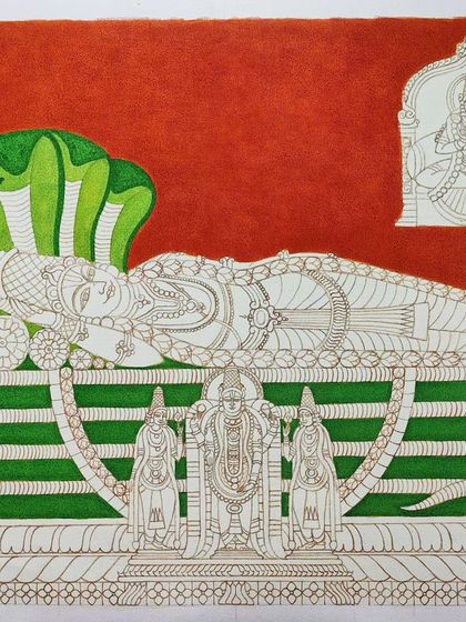 The Lord Ranganathar painting with the background and base colors filled in. The vibrant red and green stripes of the serpent's bed are in place, waiting for the divine forms to be colored.