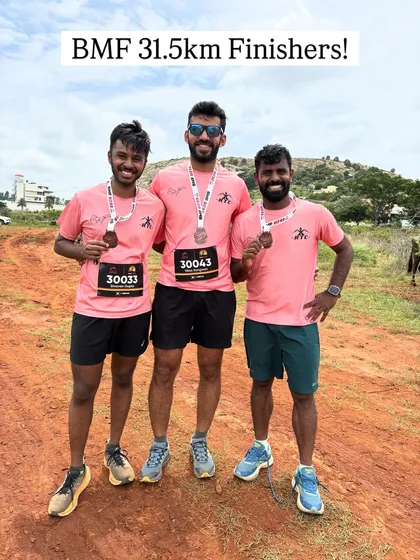 The reward after the grind. Celebrating with my crew after finishing the BMF 31.5km trail race. We train for these moments of achievement and shared victory.
