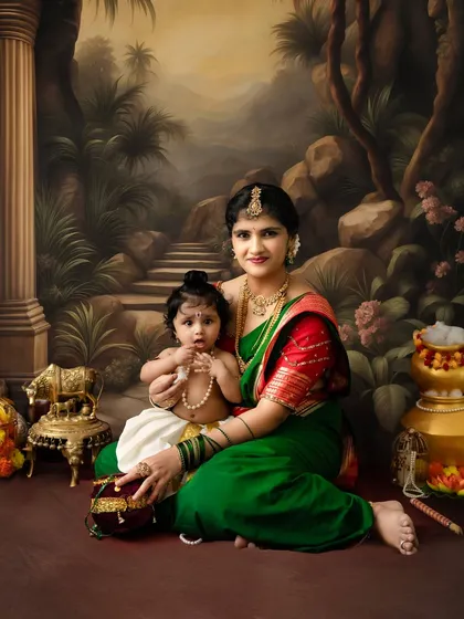 A serene portrait of mother and child in a painted garden setting. The baby Krishna plays with a pearl necklace, adding a touch of innocence to the scene.