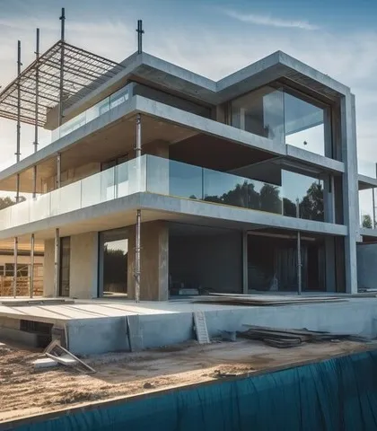 We believe in transparency throughout the construction process. This image captures one of our modern residential projects during the build phase, showcasing the solid structural work and architectural integrity that forms the foundation of every home we create.