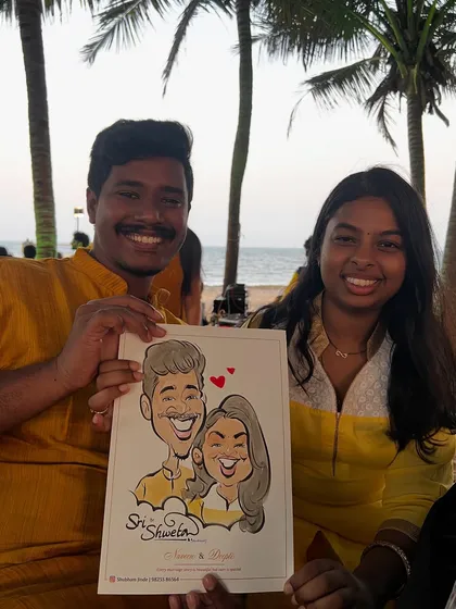 Another happy couple from a recent event. Matching outfits and big smiles make for a perfect caricature moment.