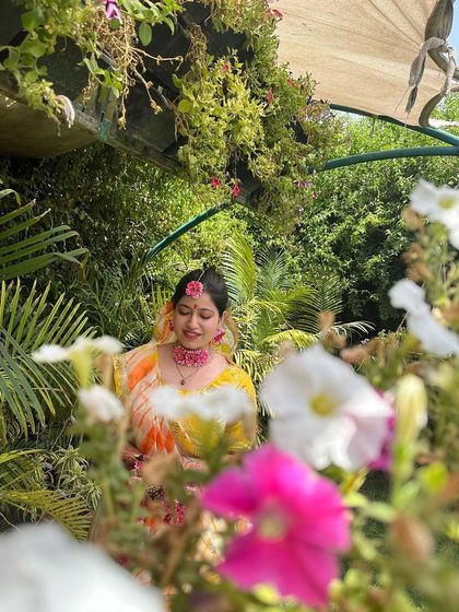 Another look at my floral-themed outfit for a Haldi ceremony. I believe in embracing the theme of the event, both in dance and in spirit.