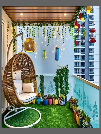 A classic swing chair is a perfect addition to any balcony for instant relaxation. In this design, I paired a comfortable wicker egg swing with soft artificial grass underfoot and a backdrop of twinkling fairy lights, creating a whimsical and cozy nook with a view of the city.