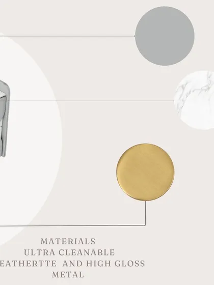 A material breakdown of one of our custom bedside tables, showing the combination of ultra-cleanable leatherette, high-gloss metal, and a marble top.