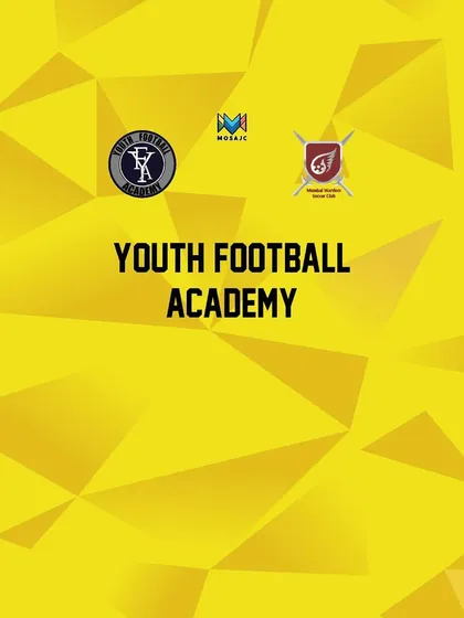 The vibrant yellow jersey with a geometric pattern, featuring our academy crest and partner logos. This kit is designed to make a statement on the pitch.