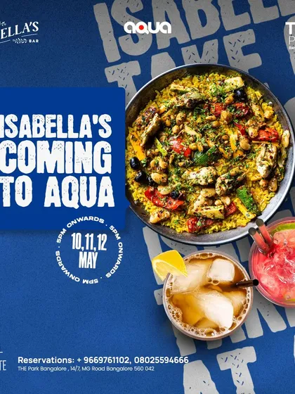 The official poster for the Isabella's Tapas Bar takeover at Aqua, bringing the vibrant flavors of Spain from Goa to Bangalore.
