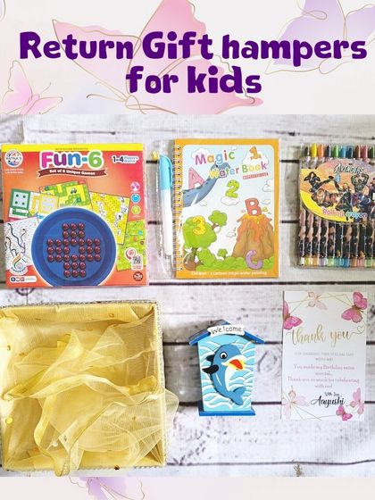 A flat lay of the contents of the hamper box, showing the variety of fun and creative items included.