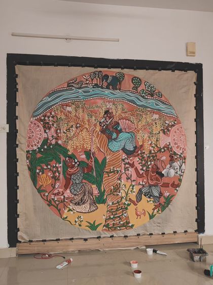 This is "Mullai," representing the forest and pastoral lands. Traditionally a theme of awaiting a lover, I reimagined it as a space for women to find rest and joy for themselves. Here, women are shown relaxing and playing music, making rest an act of resistance.