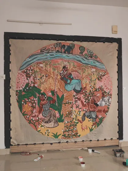 This is "Mullai," representing the forest and pastoral lands. Traditionally a theme of awaiting a lover, I reimagined it as a space for women to find rest and joy for themselves. Here, women are shown relaxing and playing music, making rest an act of resistance.