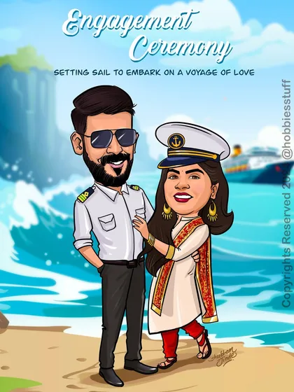 This custom engagement caricature is a perfect example of turning a special moment into a unique piece of art. I worked with the couple to create this nautical theme, "Setting sail on a voyage of love," to celebrate their new beginning.
