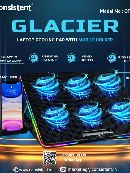 Keep your laptop cool during intense gaming or work sessions with my "Glacier" cooling pad. It features six powerful yet silent fans with RGB lighting effects and includes a convenient built-in mobile holder to keep your desk organized.