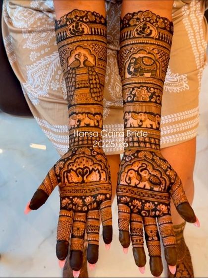 A beautiful design to start the wedding season. This mehendi features traditional swan and elephant motifs, symbolizing grace and strength, perfect for a classic bridal look.