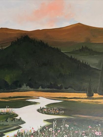 A 5ft x 3ft landscape painting customized for a residential space in Bareilly. The scene depicts a peaceful river winding through green hills at sunset.