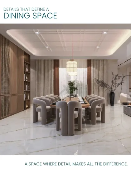 Details define a dining space. Here, we used custom-designed chairs with a sculptural form, a large wooden table, and a coffered ceiling with integrated lighting to create a refined atmosphere.