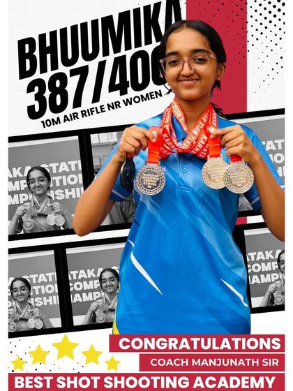 Bhuumika proudly displays her medals after scoring an impressive 387/400 in the 10M Air Rifle NR Women event at the 13th Karnataka State Shooting Competition.