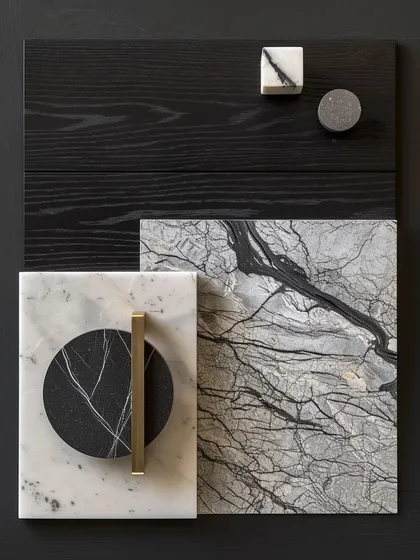 Our design process is grounded in a thoughtful curation of materials. This mood board illustrates an Art Deco inspired palette, combining the dramatic veining of black and white marble with the warmth of brushed gold accents and the deep texture of ebonized wood.