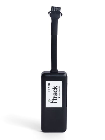 A full-length shot of a vehicle GPS tracker, showing the device and its cable. This helps customers understand the complete product.