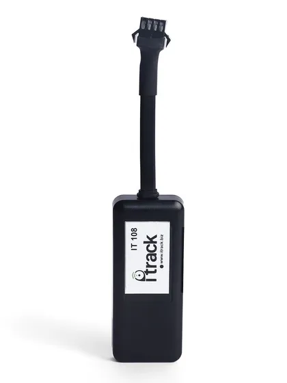 A full-length shot of a vehicle GPS tracker, showing the device and its cable. This helps customers understand the complete product.