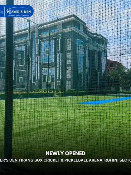 The view from behind the net of our newly opened box cricket arena in Rohini. The modern school building in the background highlights our safe and premium campus locations.