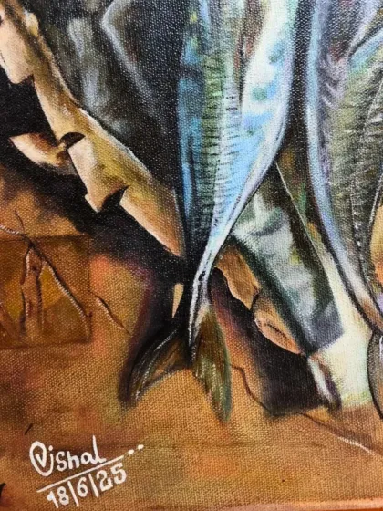 This detail shot highlights the artist's control over color blending and form. The subtle shifts in blue and silver on the fish scales demonstrate a strong understanding of how light interacts with surfaces.