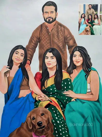 This large A1 size family portrait was a special commission where I combined different photos to bring everyone together, including their beloved dog. I use high-quality color pencils to make sure every person's likeness and the warmth of the family bond shines through.