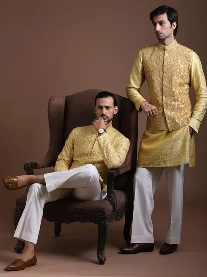 Two variations of a yellow Haldi outfit. One features a kurta with a matching embroidered Nehru jacket, showcasing how to layer for a more formal ceremonial look.