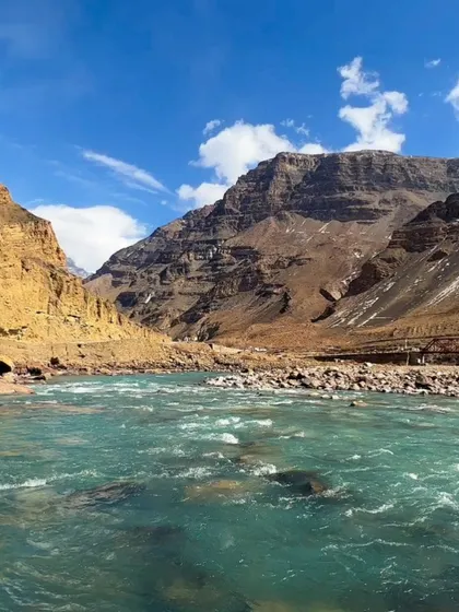 The fast-flowing, turquoise water of a river in the Spiti region.