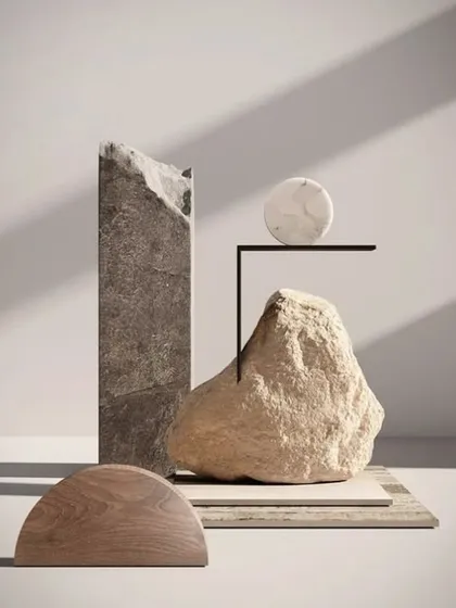 From the rugged charm of rough stone to polished marble, warm wood, and sleek metals. This composition of raw materials illustrates our philosophy of bringing textures to life.