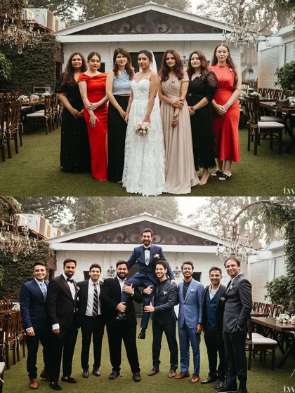 A combined look at the bride with her bridesmaids and the groom with his groomsmen, the two squads that support them.