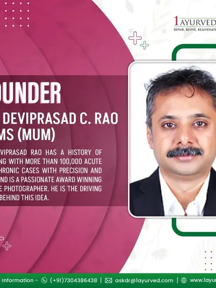 Dr. Deviprasad C. Rao, a founder of 1Ayurved, has a history of treating over 100,000 acute and chronic cases. His precision in diagnosis and treatment design is a driving force behind our clinic's success in tackling complex health issues.
