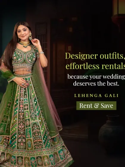 This emerald green designer lehenga is a perfect example of effortless rental elegance. The rich color and detailed craftsmanship make it an ideal choice for a bride's sister or a wedding guest looking for a luxurious and memorable outfit.