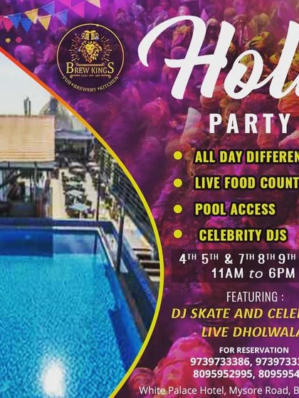 A multi-day Holi party flyer for Brew Kings, featuring pool access and live Dhol.