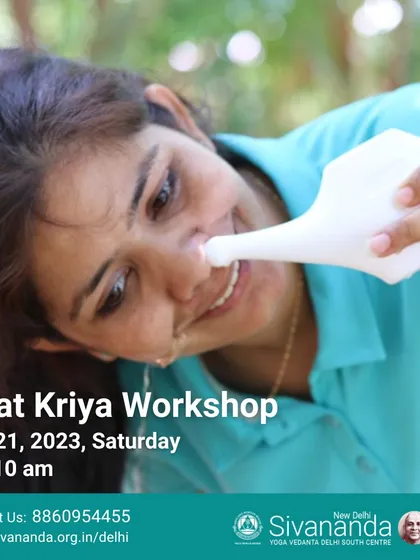 We preserve and teach the traditional cleansing techniques of Hatha Yoga. This image shows a practitioner during a Shat Kriya workshop, learning Jala Neti, a powerful method for purifying the nasal passages and enhancing respiratory health.