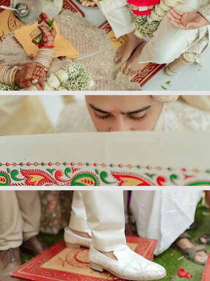 A collage of detailed shots from a Hindu wedding ceremony. It focuses on the hands during rituals, the sacred thread, and the traditional 'antarpat' cloth.