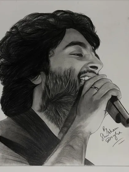 A pencil sketch of actor Vijay Deverakonda in a candid, expressive moment. This drawing captures the raw energy he is known for.