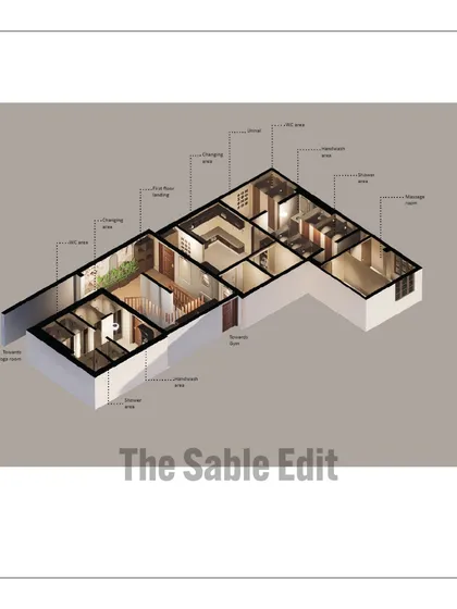 A 3D axonometric view reveals the strategic space planning for the club's renovation, which I call 'The Sable Edit'. This technical drawing shows how I reconfigured the layout to improve flow and function, clearly zoning areas for changing, showers, and wellness treatments.