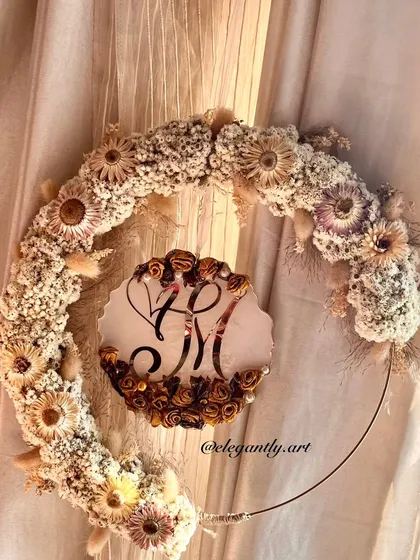 A new product launch: a hanging logo wreath, preserving a wedding garland with a couple's logo and a beautiful floral hoop.