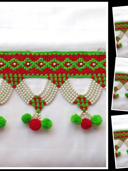 This collage focuses on the beautiful draping of the pearl strings in this traditional toran design.