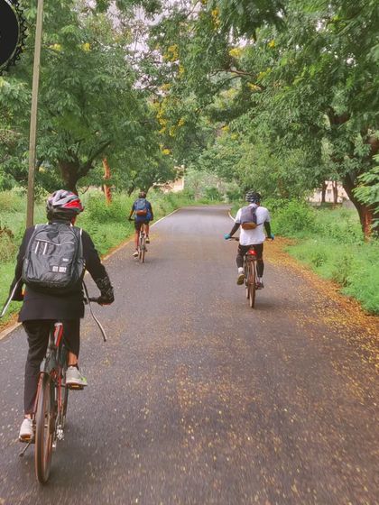 Riding on a road covered in fallen yellow flowers in Hesaraghatta. The beauty of the changing seasons is one of the joys of cycling in the countryside.