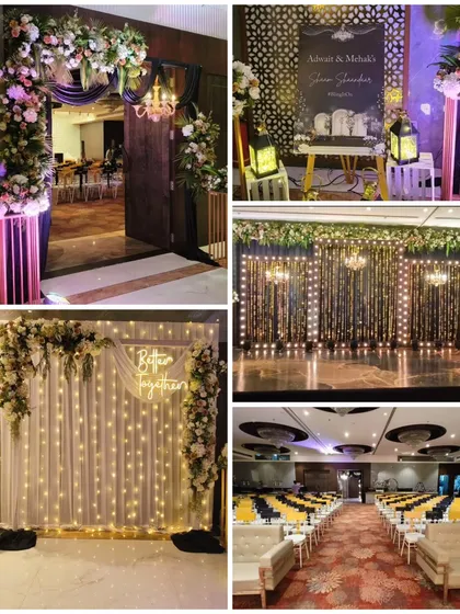 This collage shows various elements of a glamorous Sangeet night. You can see the grand floral entrance, a twinkling fairy light photobooth, a dramatic stage, and the overall seating arrangement, all designed for a night of dance and dreams.