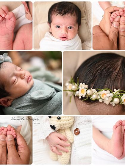 The same collage of details, but in soft, natural color. This version highlights the delicate skin tones and textures of a newborn.