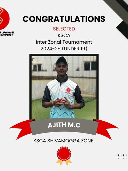 Congratulations to my student Ajith MC on his selection for the KSCA Under 19 Zonals representing the Shivamogga Zone. Keep shining!