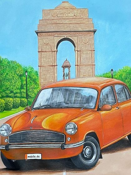 A cropped version of the Ambassador car painting, focusing on the details of the car and the India Gate backdrop.