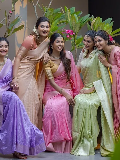 A beautiful group shot from a fashion campaign for Thamarai Threads. I designed complementary makeup looks for all the models, ensuring each one looked distinct yet part of a cohesive, elegant aesthetic that highlighted the pastel sarees.