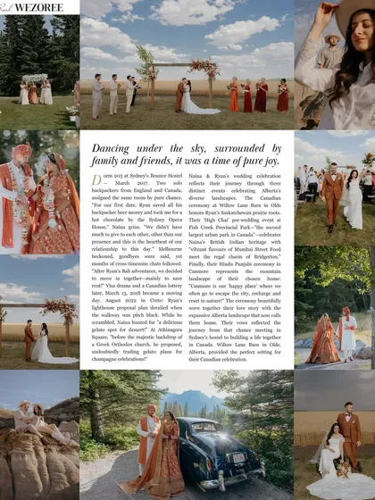 A collage from Wezoree magazine showcasing the various events of Naina and Ryan's beautiful cross-continental wedding. It highlights everything from their outdoor Hindu ceremony to their adventurous pre-wedding shoot.