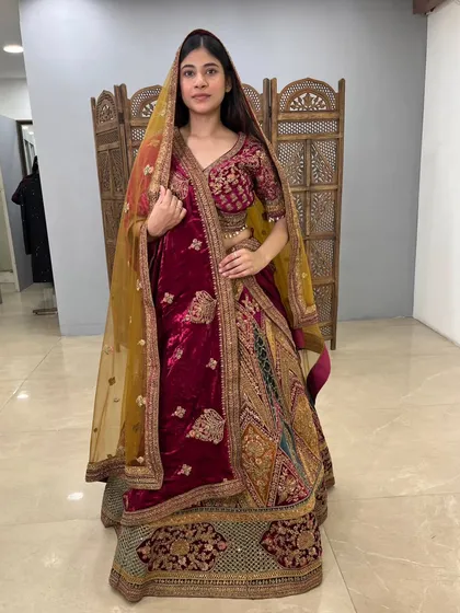 A full view of this regal bridal lehenga, perfect for the bride who wants a traditional yet unique look.